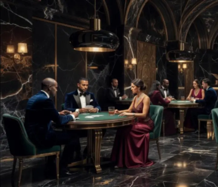 Luxury felt tables interior with marble finishes, soft lighting, and private gaming tables