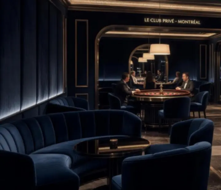 Intimate Montreal gaming lounge with warm lighting and private gaming tables
