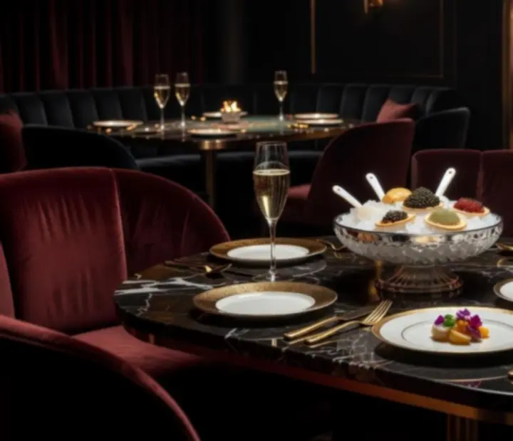 Dimly lit Montreal dining room at Bellnoora with caviar service and a glimpse of a poker table