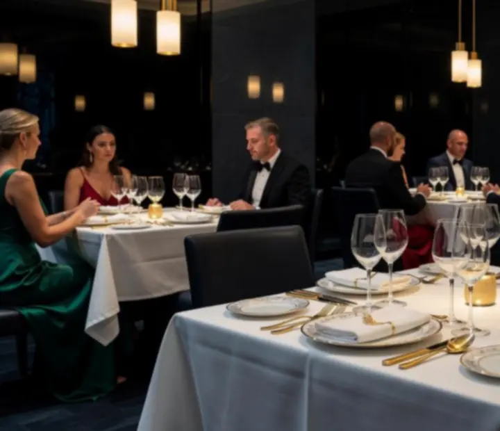 Champagne-gold accented dining room at Bellnoora with candlelit tables