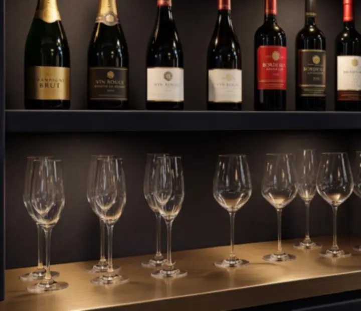 Champagne and wine bottles glowing in warm light