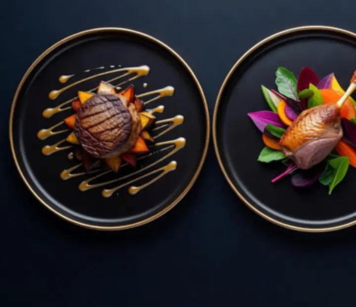 Bellnoora signature mains including bison tenderloin, duck confit, and black truffle risotto on dark ceramics with gold accents