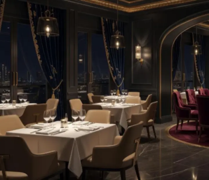 Dimly lit Montreal fine dining room with a glimpse of a private poker table