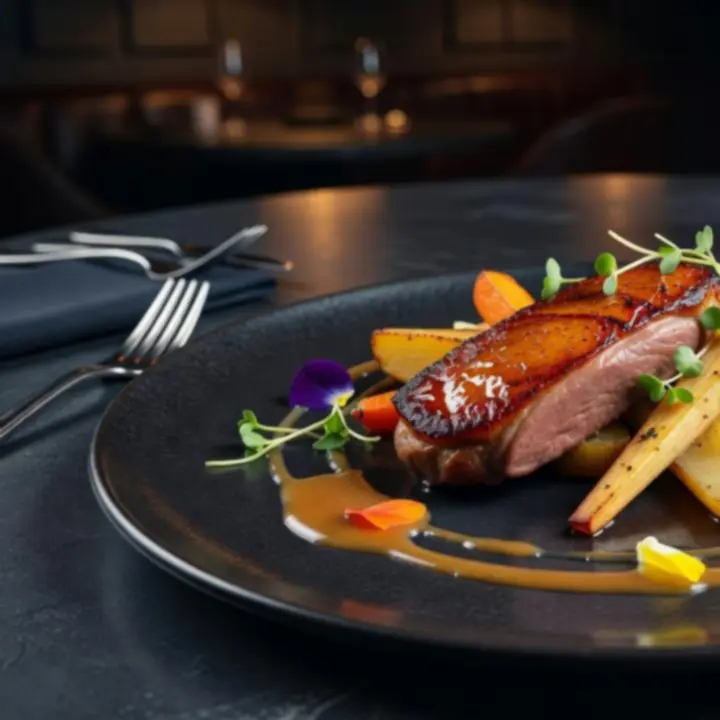 Maple lacquered duck elegantly plated with seasonal accompaniments