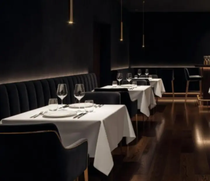 Bellnoora restaurant interior with dark wood, obsidian tones, and champagne gold accents