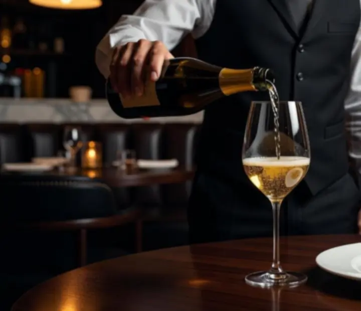 Sommelier pouring wine at a candlelit table